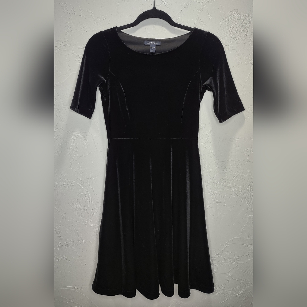 Lands' End Elbow Sleeve A-Line Black Velvet Dress - XXSmall